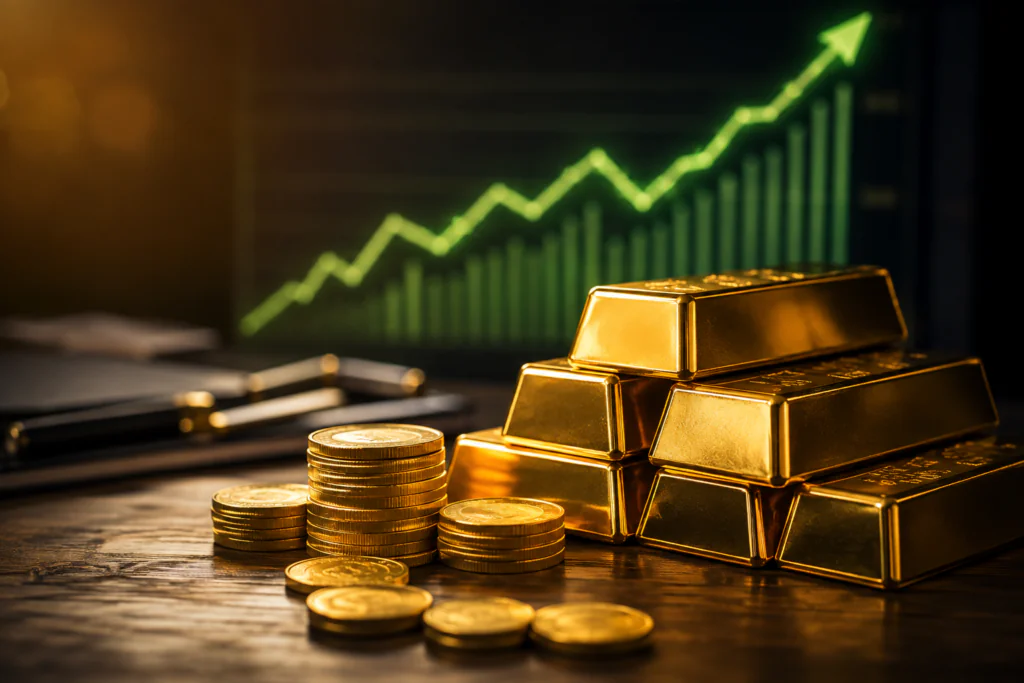 A professional financial photography concept showing stacked gold bars and gold coins arranged on a dark wooden desk, with a rising green stock market growth arrow chart softly glowing in the background, warm golden lighting, shallow depth of field, high-end editorial finance magazine style, realistic textures, 4K, cinematic lighting, no text, no watermark